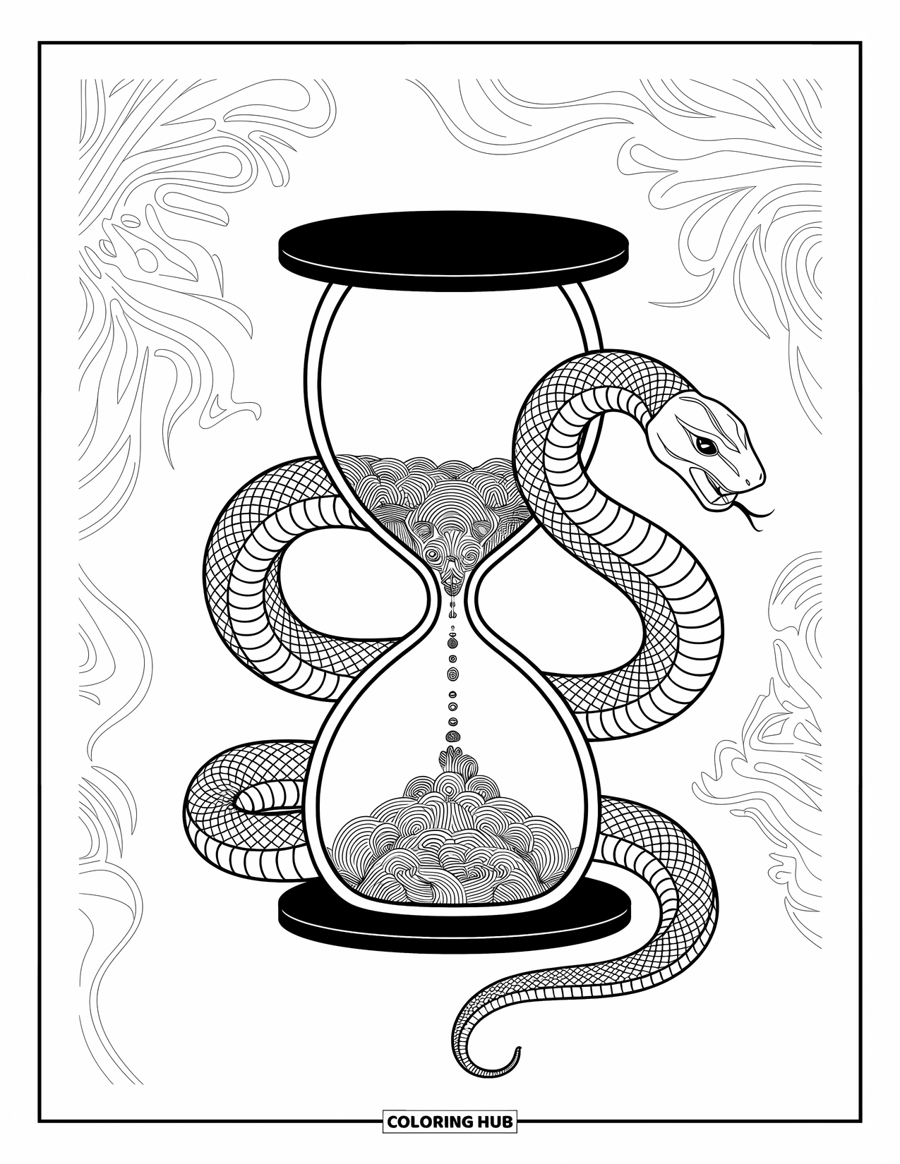 Dibujo de serpiente para colorear para adultos: Una serpiente se enrosca alrededor de un reloj de arena rodeado de patrones intrincados y fluidos