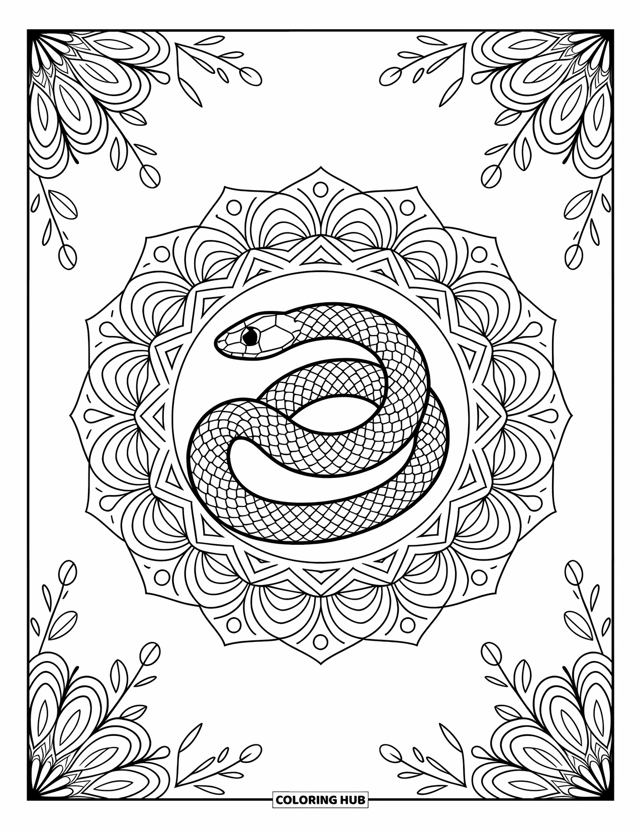 Dibujo de serpiente para colorear para adultos: Una serpiente se enrosca dentro de un mandala floral rodeado de diseños delicados y simétricos