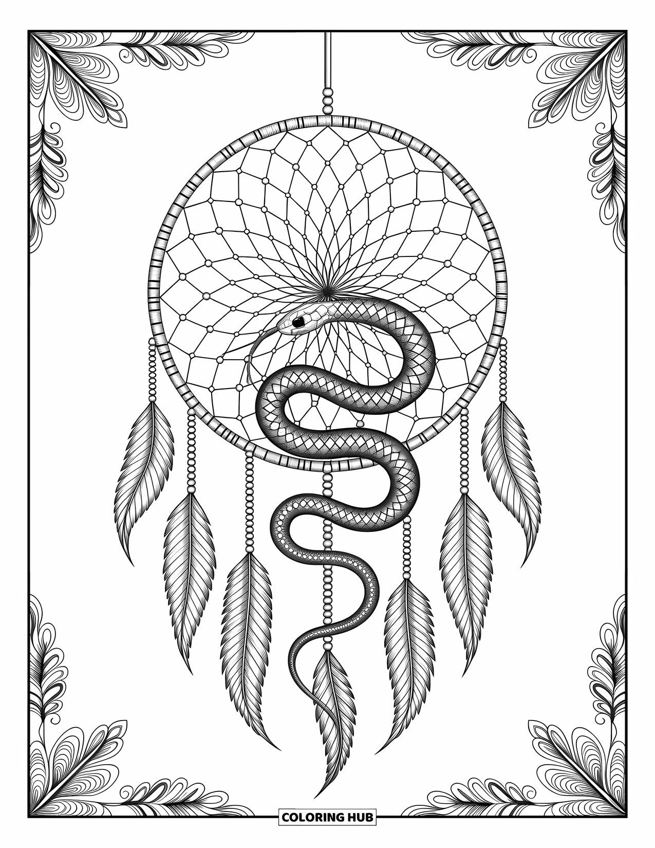 Dibujo de serpiente para colorear para adultos: Una serpiente con curvas estampadas serpentea a través de un atrapasueños con cuentas y detalles suaves