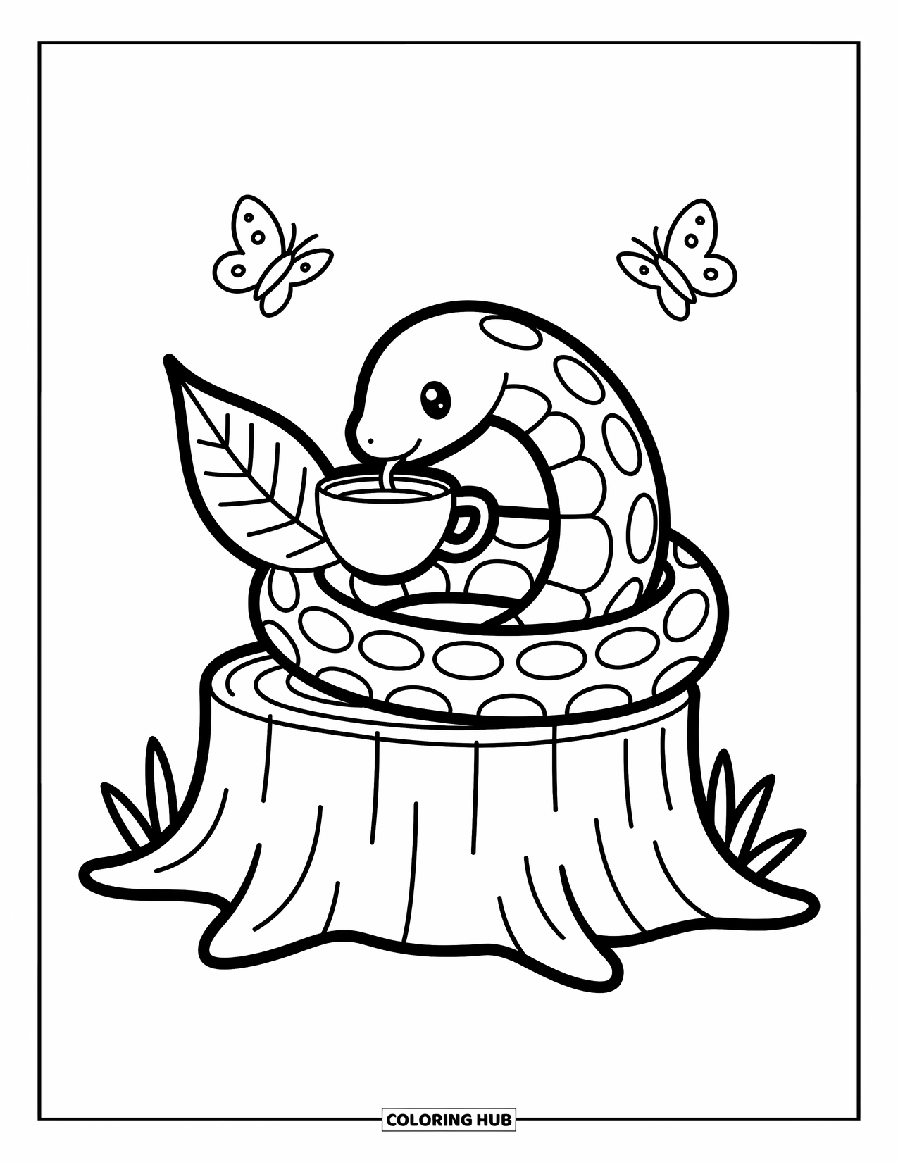 Dibujo de serpiente para colorear para adultos: Una pequeña serpiente se enrosca alrededor de un lápiz gigante en un cuaderno lleno de garabatos y borradores de estrellas