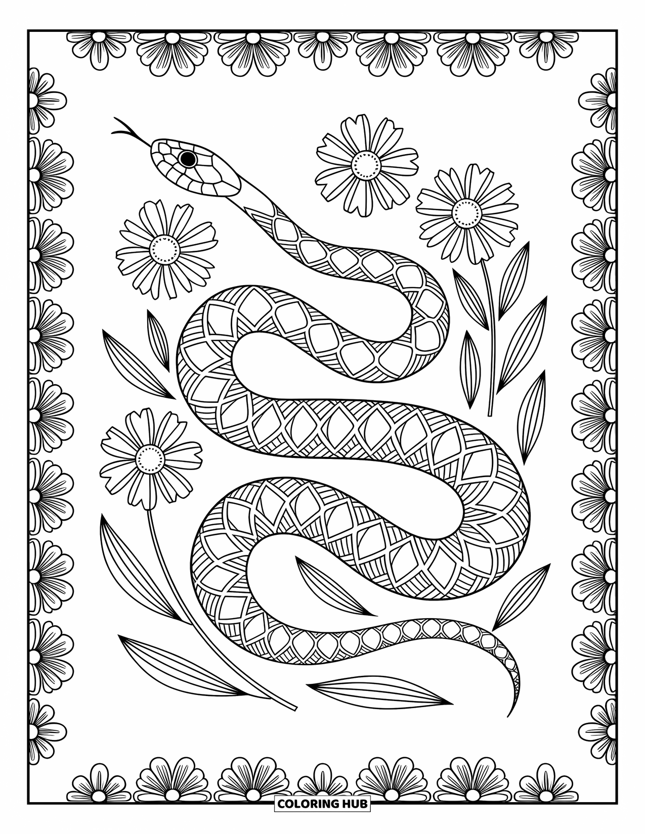 Dibujo de serpiente para colorear para adultos: Una serpiente sinuosa se mueve a través de flores silvestres enmarcadas por elegantes bordes florales y finos trazos