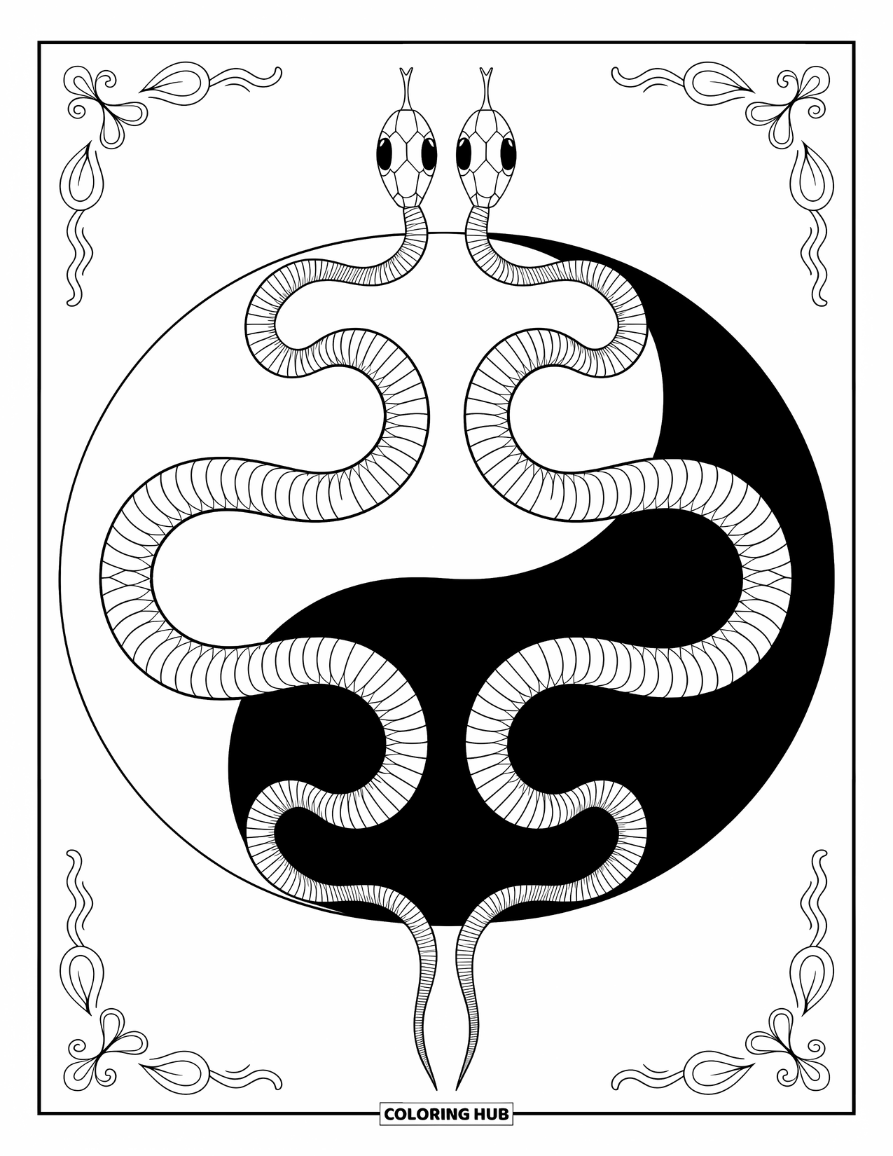 Dibujo de serpiente para colorear para adultos: Un yin-yang de serpientes entrelazadas con detalles elegantes y diseños de bordes ornamentados