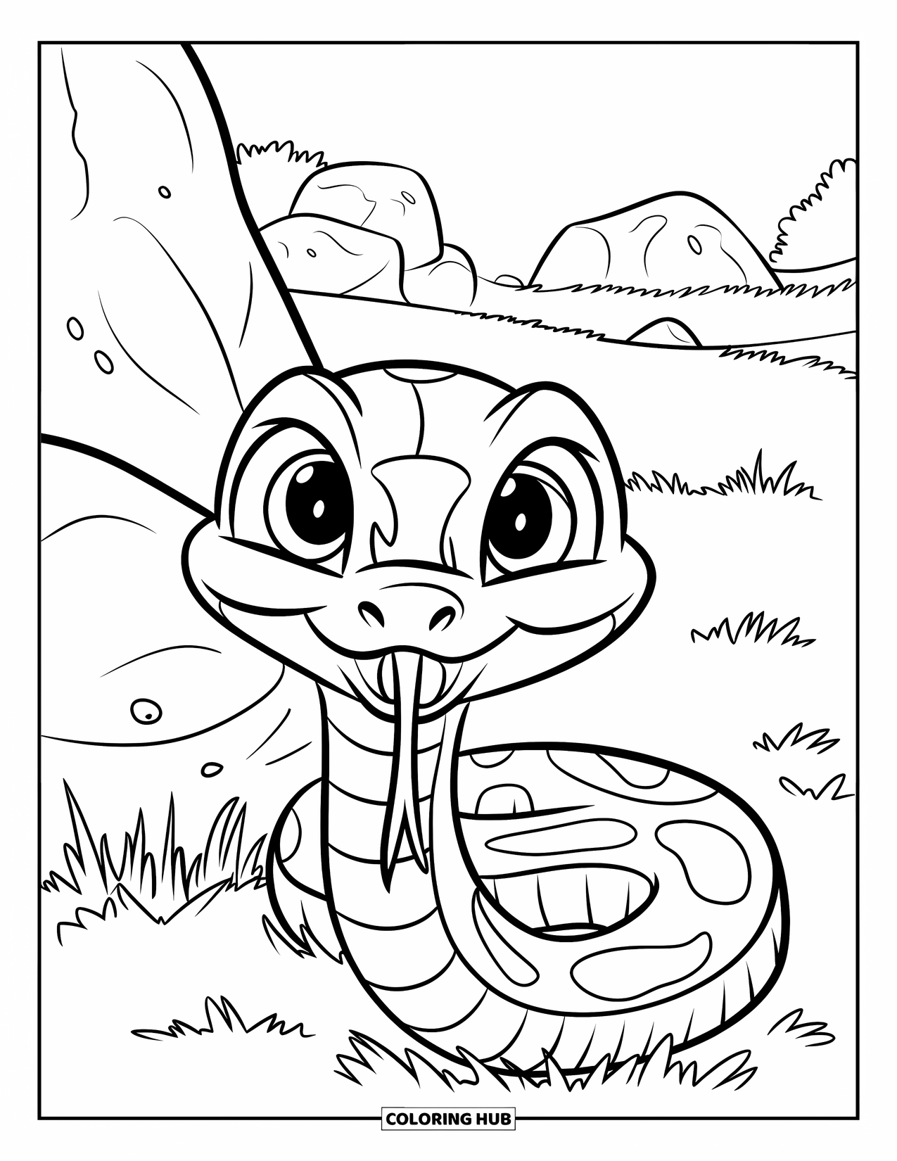 Dibujo de serpiente para colorear para niños: Una serpiente de ojos brillantes asoma por una roca cerca de algunos árboles y rocas dispersas