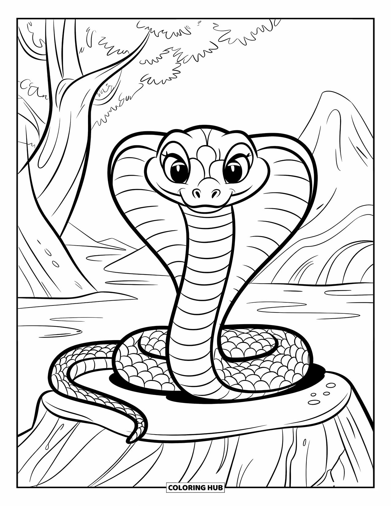 Dibujo de serpiente para colorear para niños: Una cobra tranquila con ojos grandes descansa sobre una roca con árboles y montañas detrás