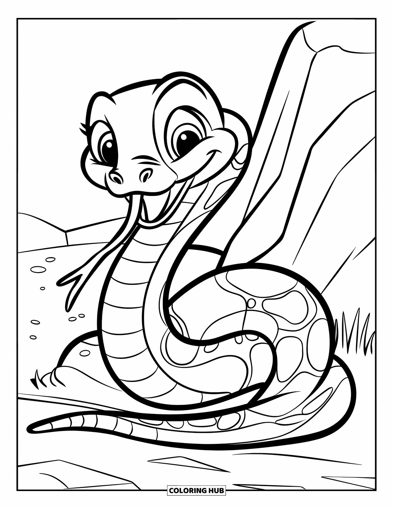 Dibujo de serpiente para colorear para niños: Una alegre serpiente asoma por detrás de una roca con la lengua asomando juguetonamente