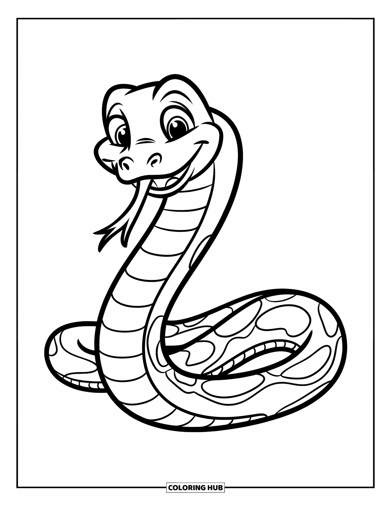 Dibujo de serpiente para colorear para niños: Una alegre serpiente con forma de la letra ìSî sonríe alegremente en una pose juguetona