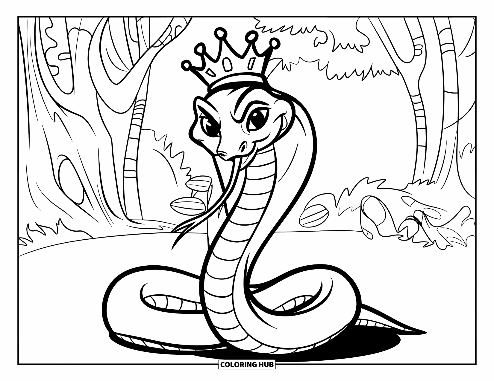 Dibujo de serpiente para colorear para niños: Una alegre serpiente con una corona se sienta como un príncipe en un trono de la jungla