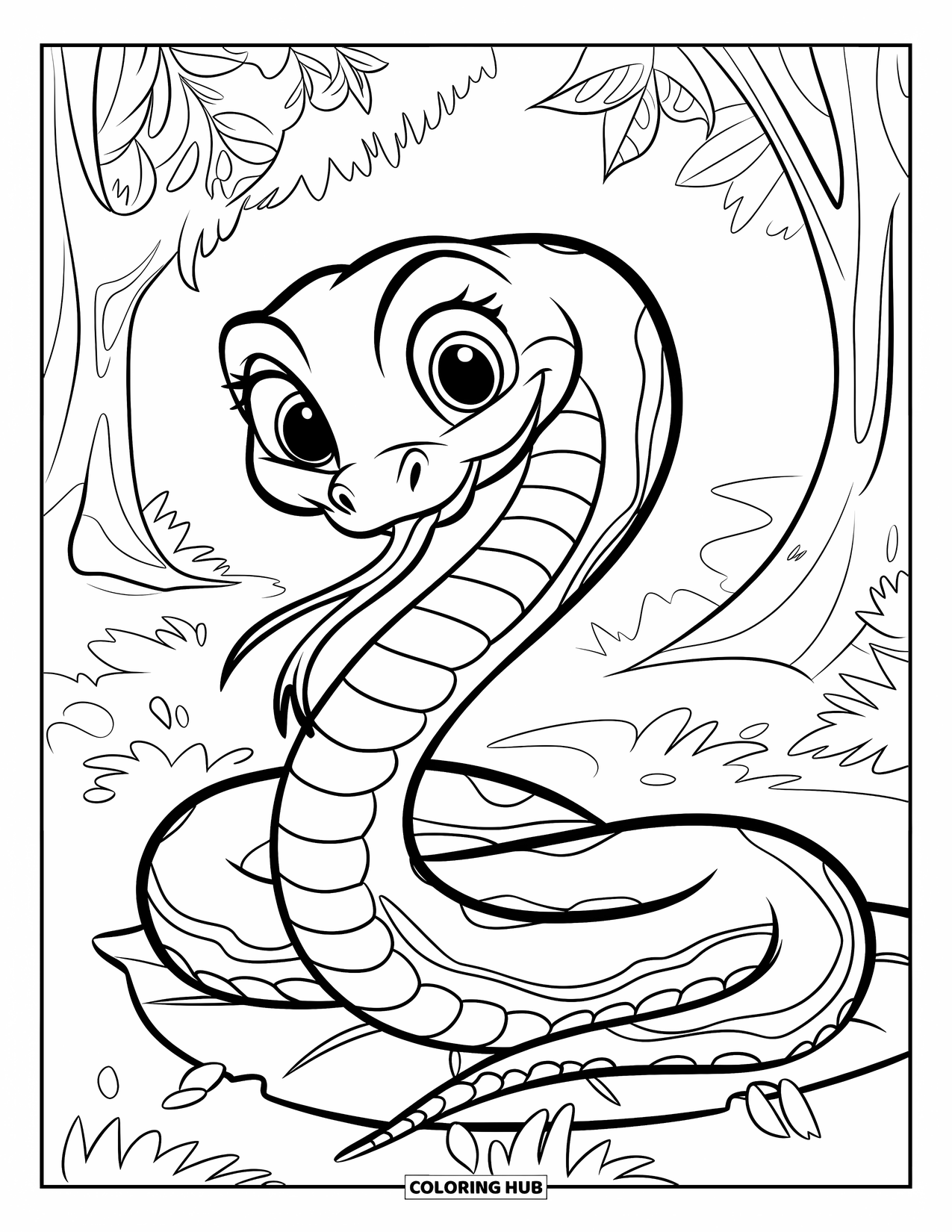 Dibujo de serpiente para colorear para niños: Una alegre serpiente con rayas llamativas se enrosca en una hoja rodeada de árboles y hojas