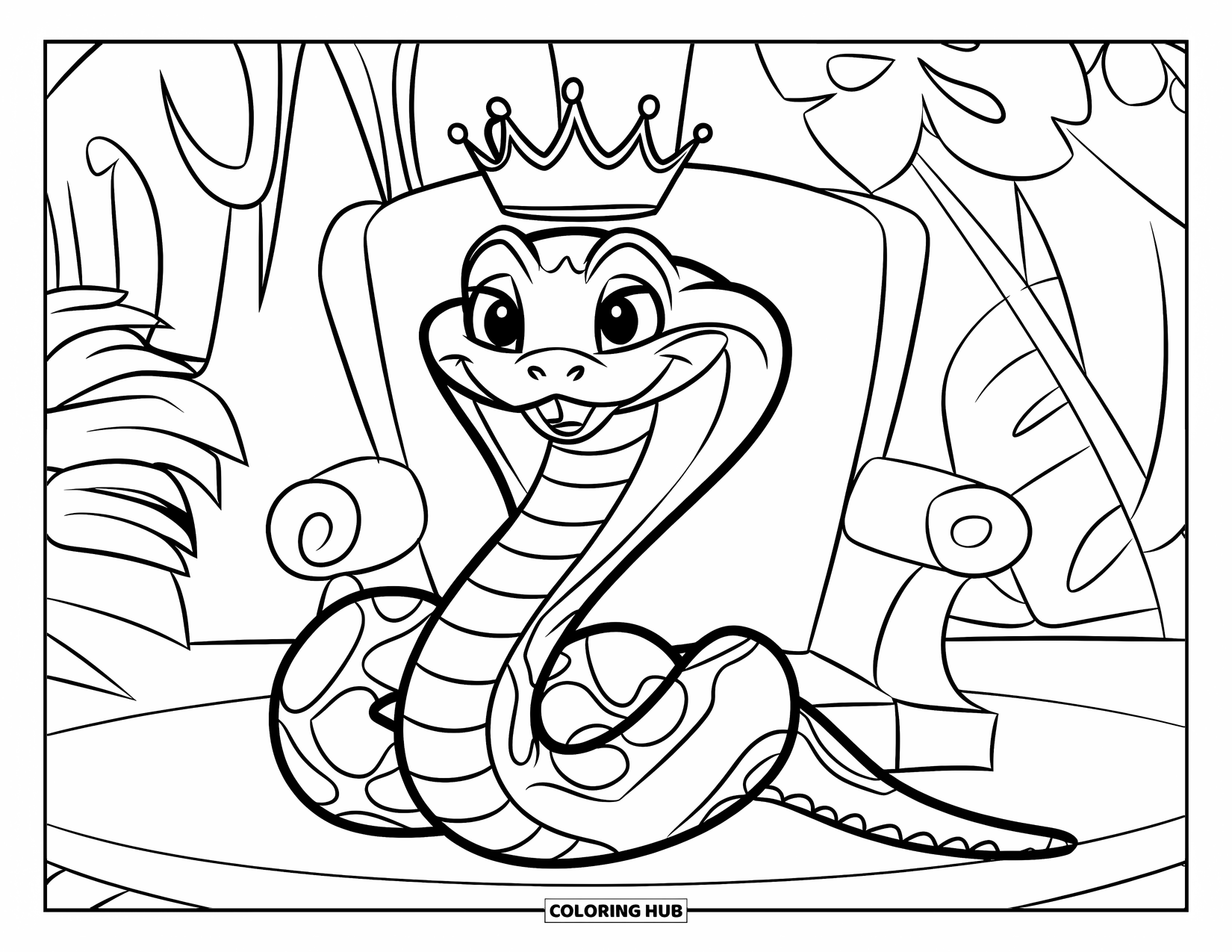 Dibujo de serpiente para colorear para niños: Una serpiente coronada se sienta con orgullo en la jungla en un trono de piedra simple