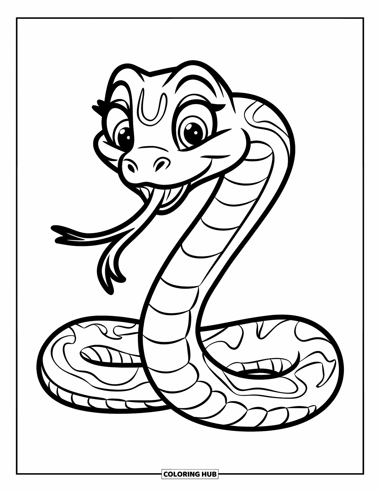 Dibujo de serpiente para colorear para niños: Una linda serpiente con ojos grandes y rayas llamativas está acurrucada en una espiral juguetona