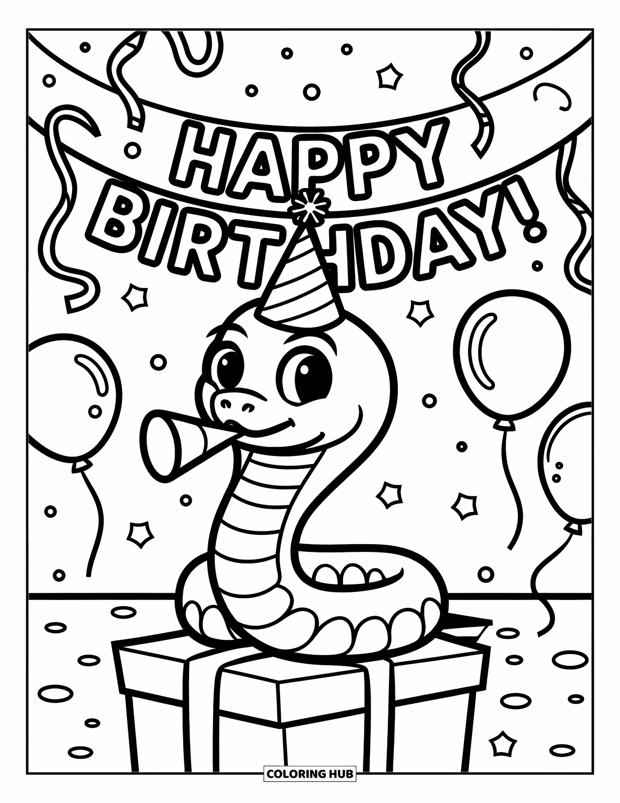 Dibujo de serpiente para colorear para niños: Una serpiente festiva con un sombrero y una bocina se sienta en un regalo debajo de globos y serpentinas