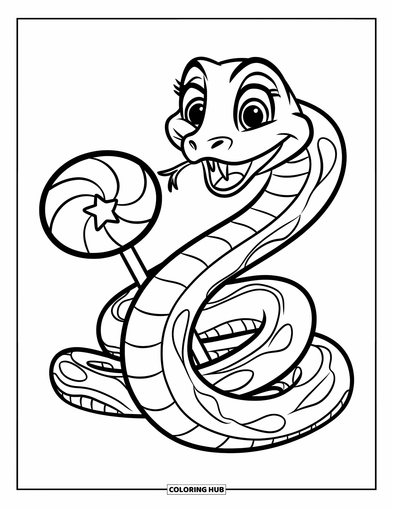 Dibujo de serpiente para colorear para niños: Una serpiente amigable con una gran sonrisa se envuelve alrededor de una piruleta gigante con una estrella