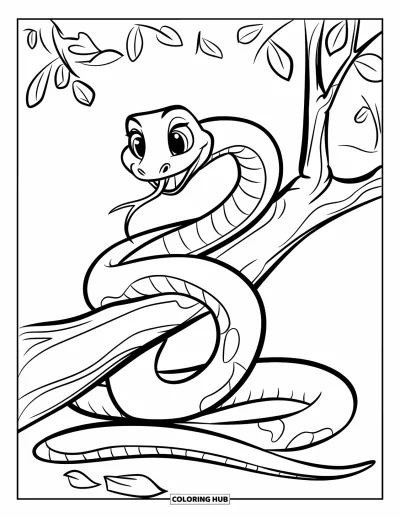 Omalovánka hada pro děti: Přátelský had se volně ovíjí kolem větve ležící na zemi