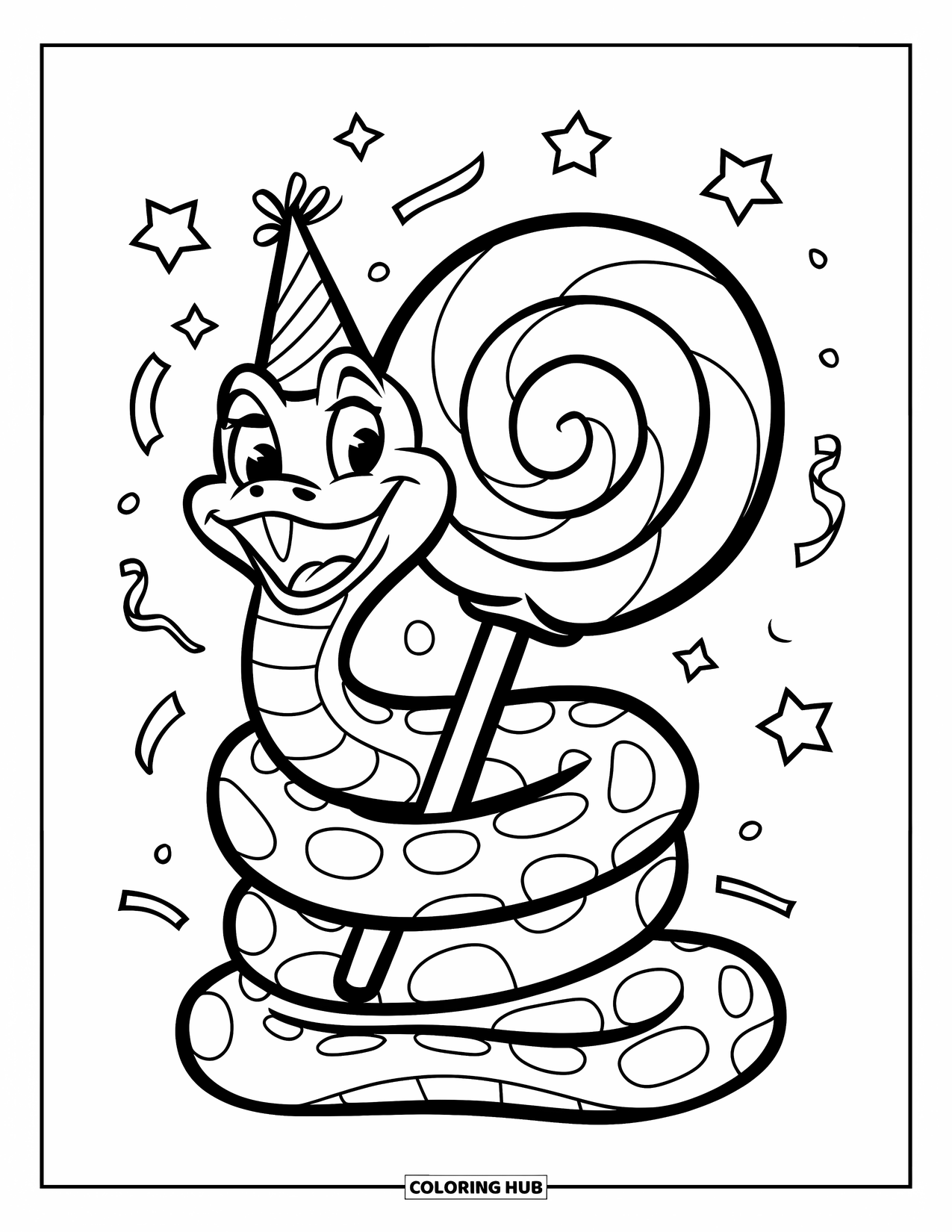 Dibujo de serpiente para colorear para niños: Una serpiente sonriente con un sombrero de fiesta se enrosca alrededor de una piruleta alta con estrellas y serpentinas