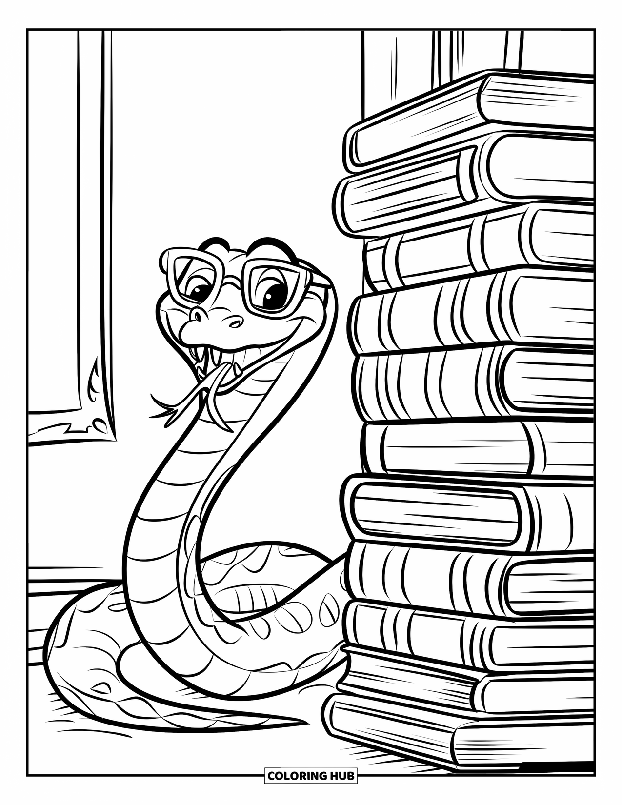Dibujo de serpiente para colorear para niños: Una serpiente sonriente con gafas asoma desde una alta pila de libros con títulos divertidos