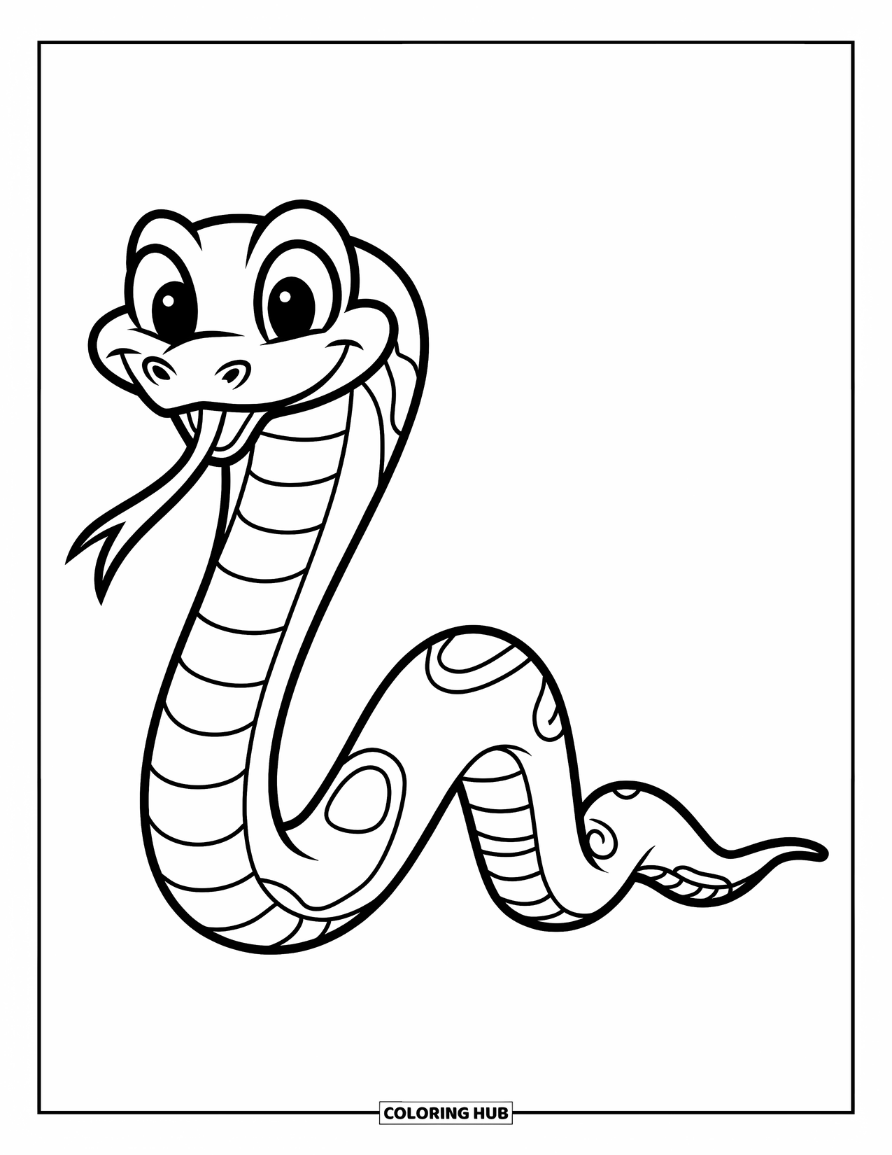 Dibujo de serpiente para colorear para niños: Una pequeña serpiente feliz se desliza en línea recta con ojos brillantes y curiosos