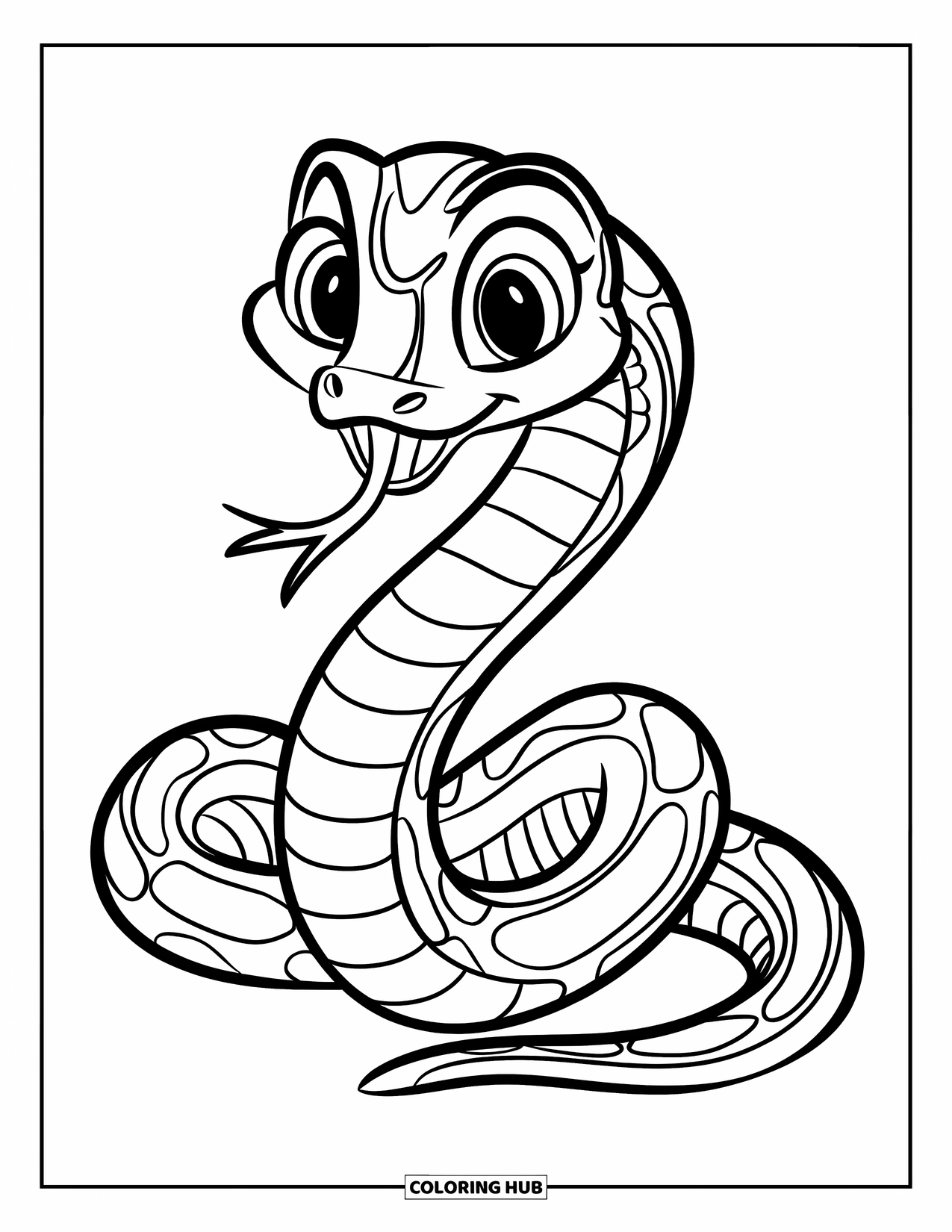 Dibujo de serpiente para colorear para niños: Una pequeña serpiente feliz con rayas llamativas está acurrucada en espiral, luciendo contenta