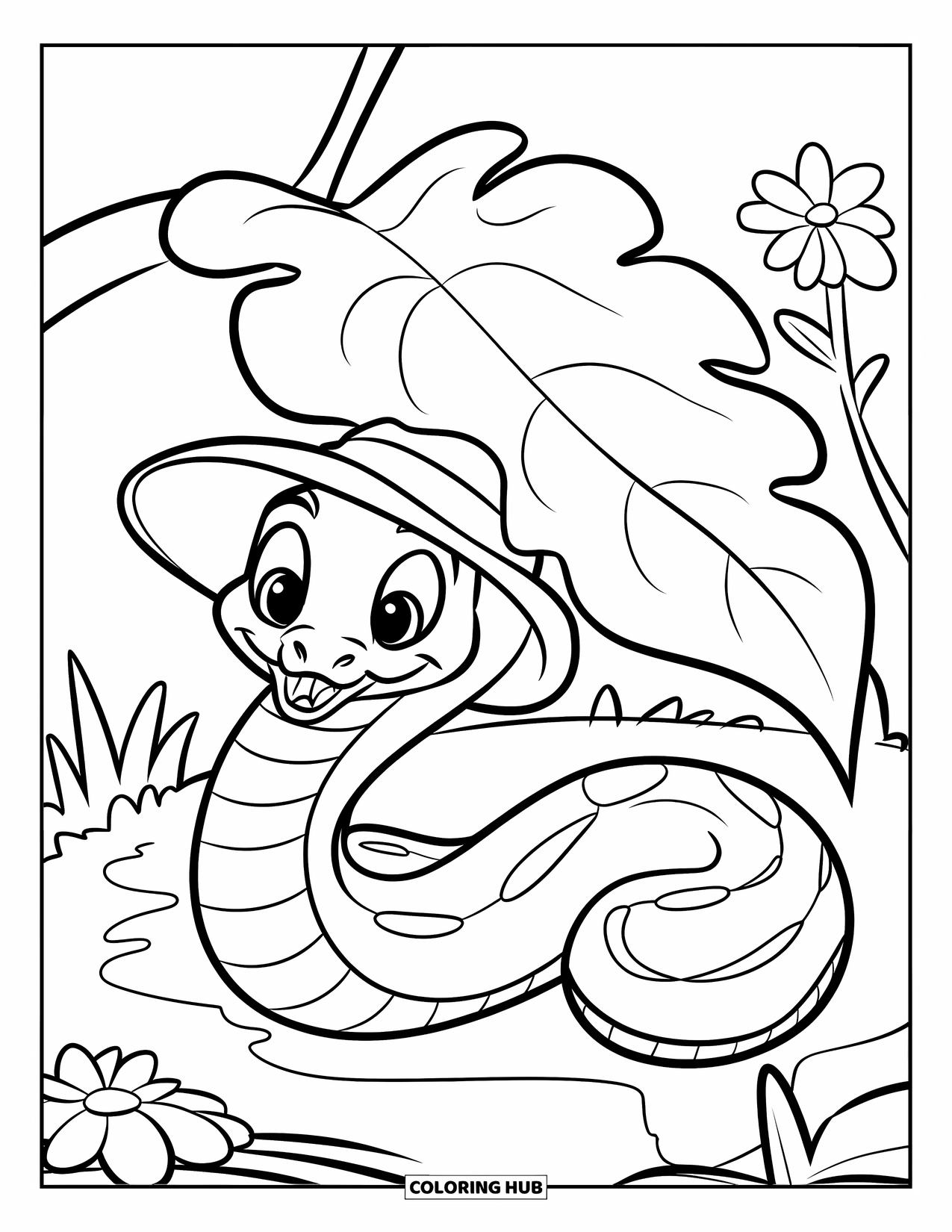 Dibujo de serpiente para colorear para niños: Una serpiente feliz con un sombrero asoma por debajo de una hoja juguetona con flores cerca