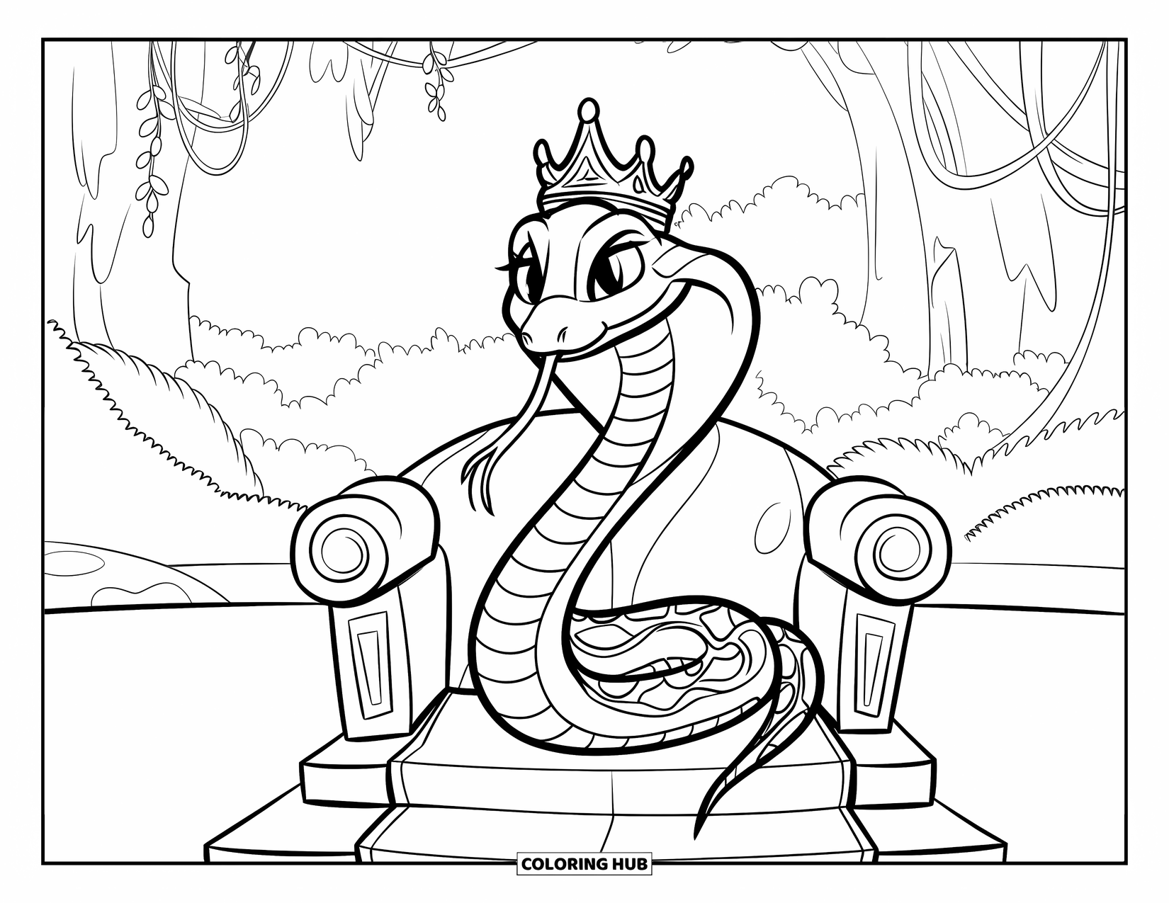 Dibujo de serpiente para colorear para niños: Una serpiente príncipe de la jungla con ojos dorados y una corona descansa en un trono de piedra