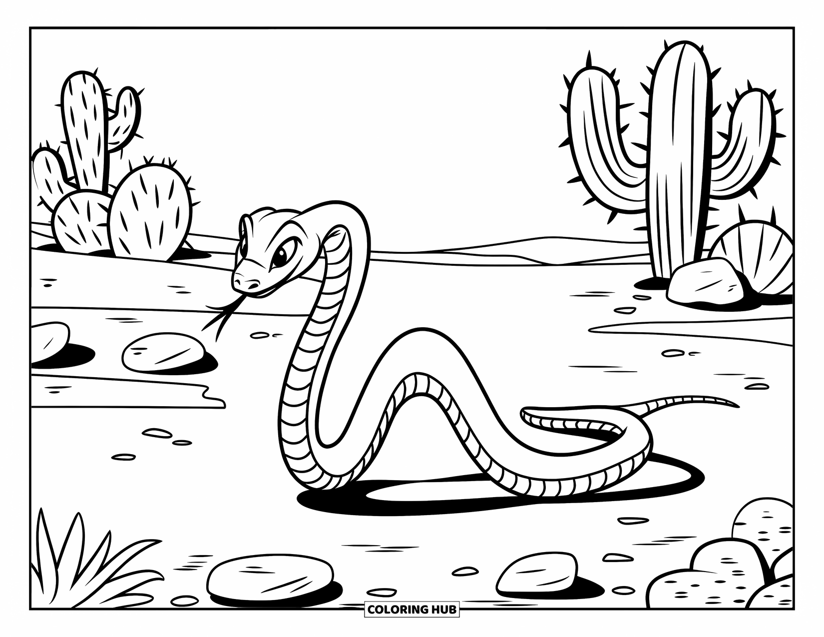 Dibujo de serpiente para colorear para niños: Una serpiente larga se desliza por el suelo del desierto con cactus y piedras dispersas