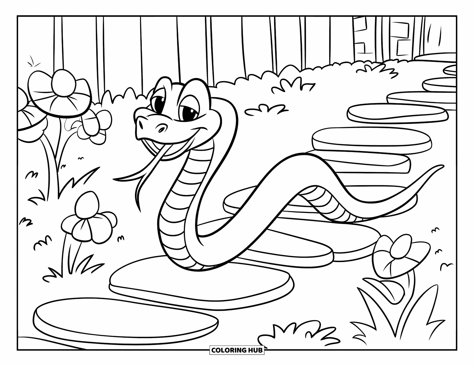 Dibujo de serpiente para colorear para niños: Una serpiente larga serpentea a través de escalones con flores y hojas alrededor