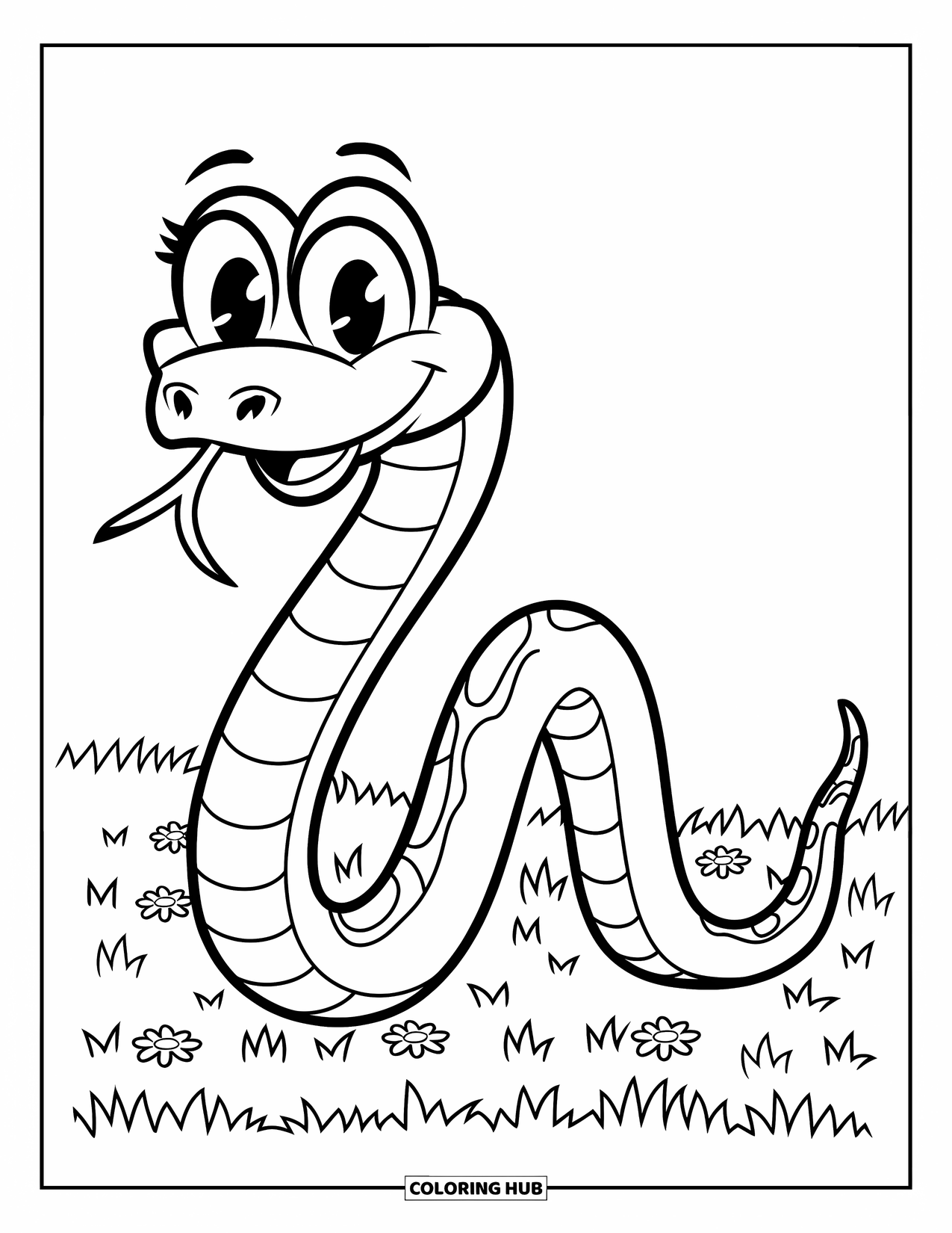 Dibujo de serpiente para colorear para niños: Una serpiente larga y ondulada se desliza a través de un campo cubierto de hierba con una gran sonrisa amigable