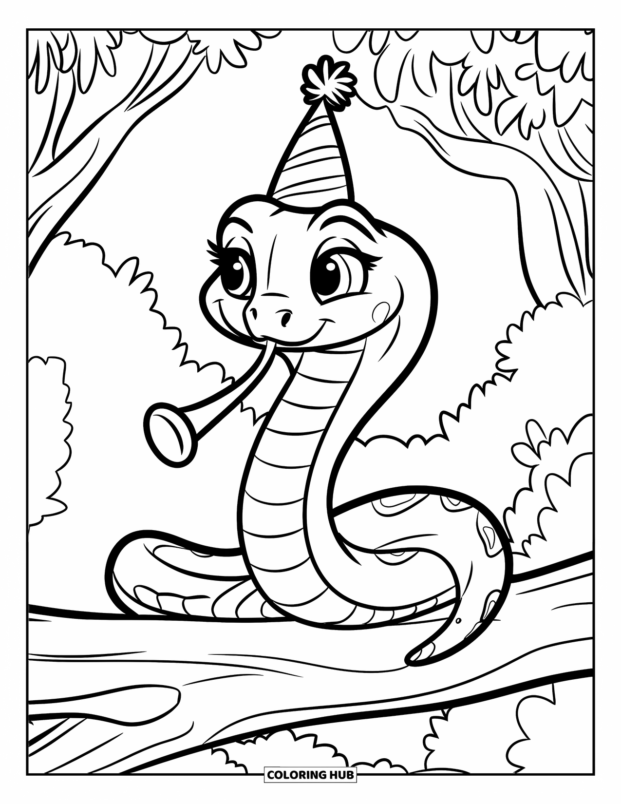 Dibujo de serpiente para colorear para niños: Una serpiente de fiesta con un sombrero sopla una pequeña bocina mientras está sentada en una rama
