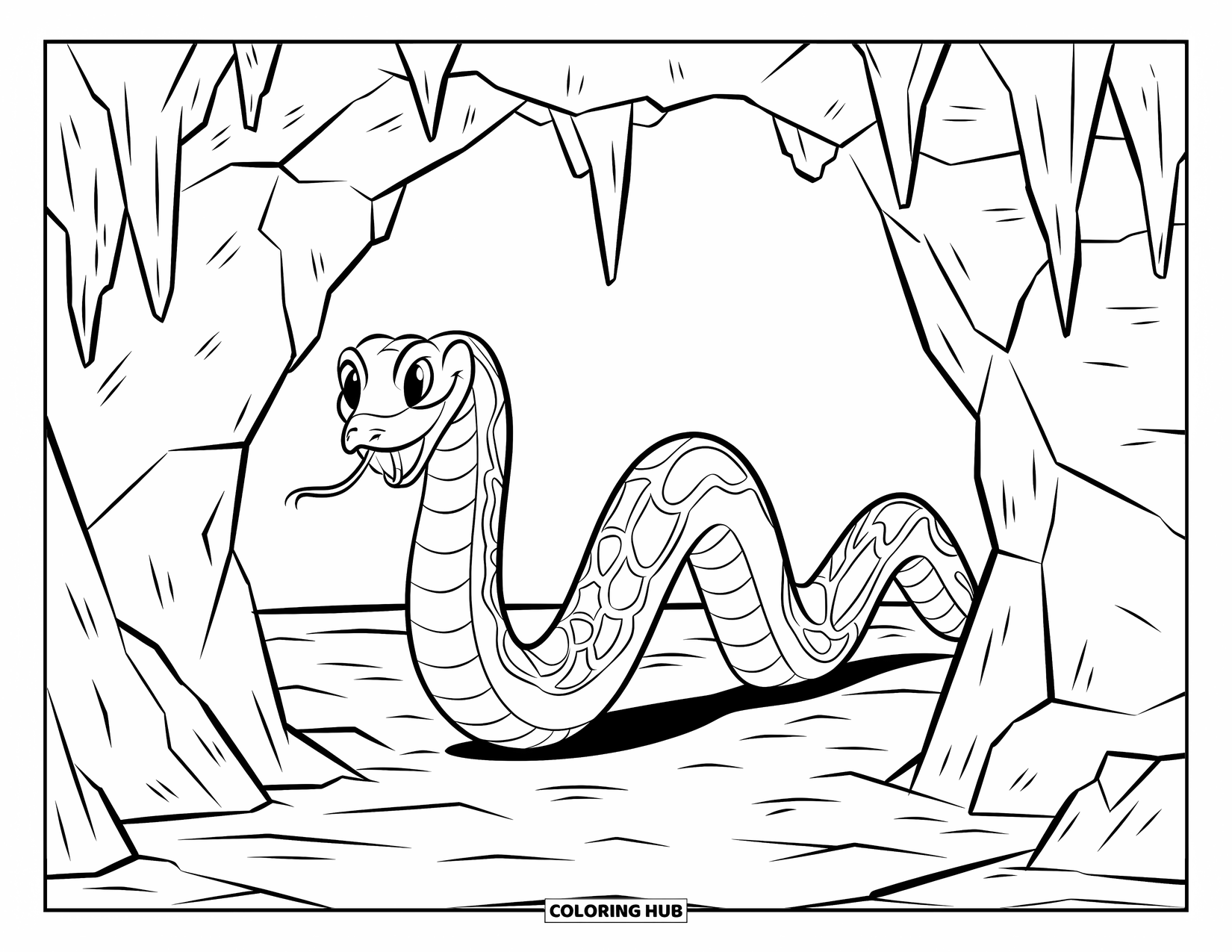 Dibujo de serpiente para colorear para niños: Una serpiente estampada emerge de una cueva rodeada de texturas rocosas y sombras