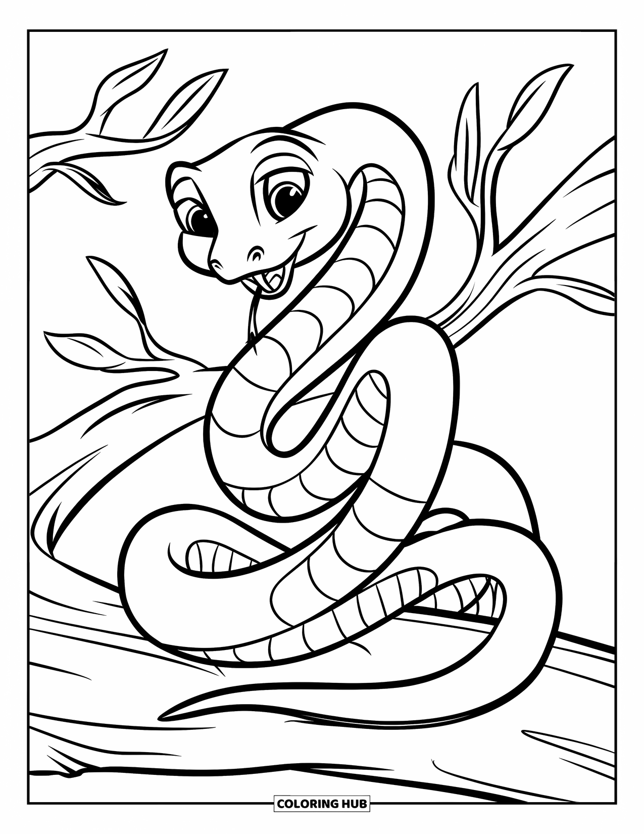 Dibujo de serpiente para colorear para niños: Una serpiente juguetona con una gran sonrisa se envuelve alrededor de una rama frondosa