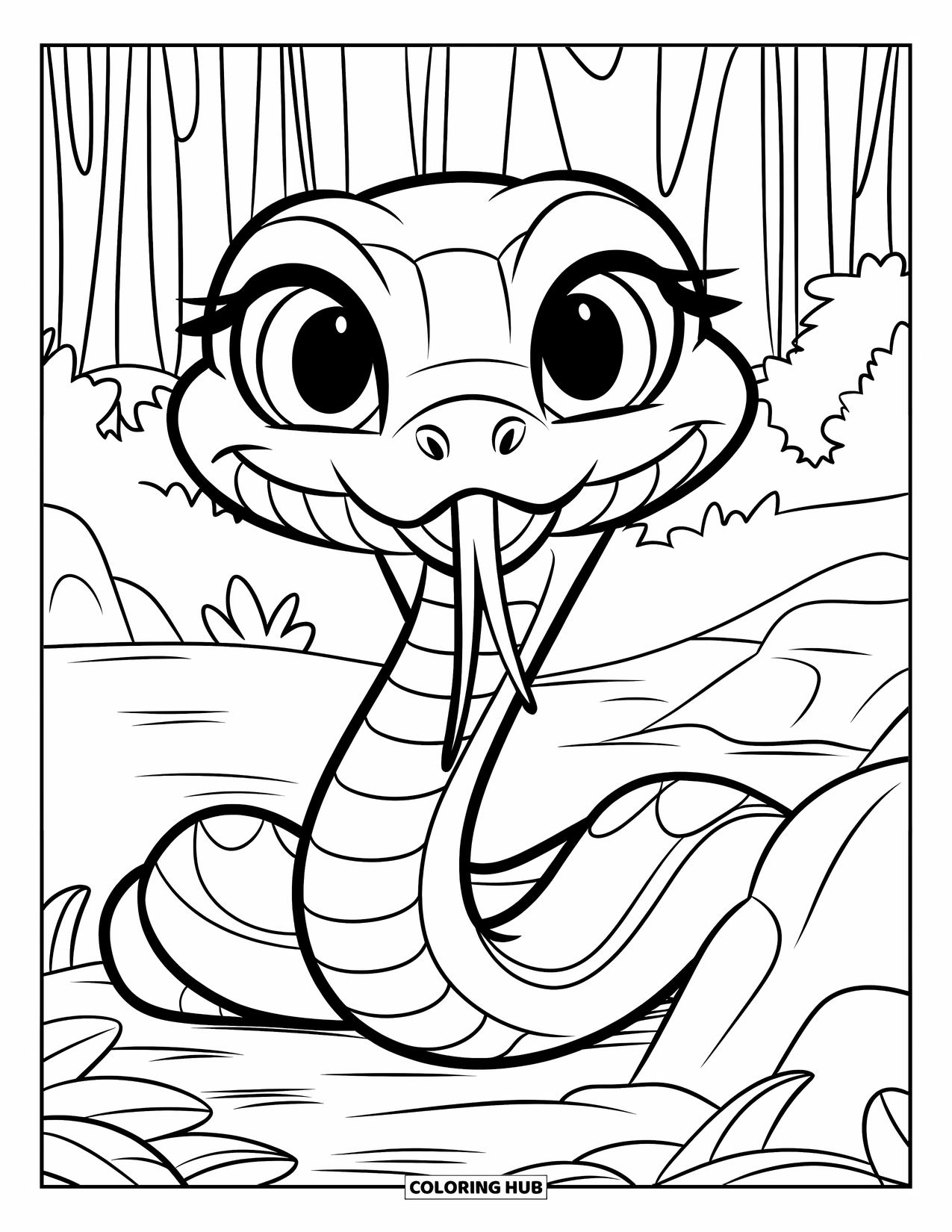 Dibujo de serpiente para colorear para niños: Una pequeña serpiente redonda con ojos grandes se esconde detrás de una roca en un bosque frondoso