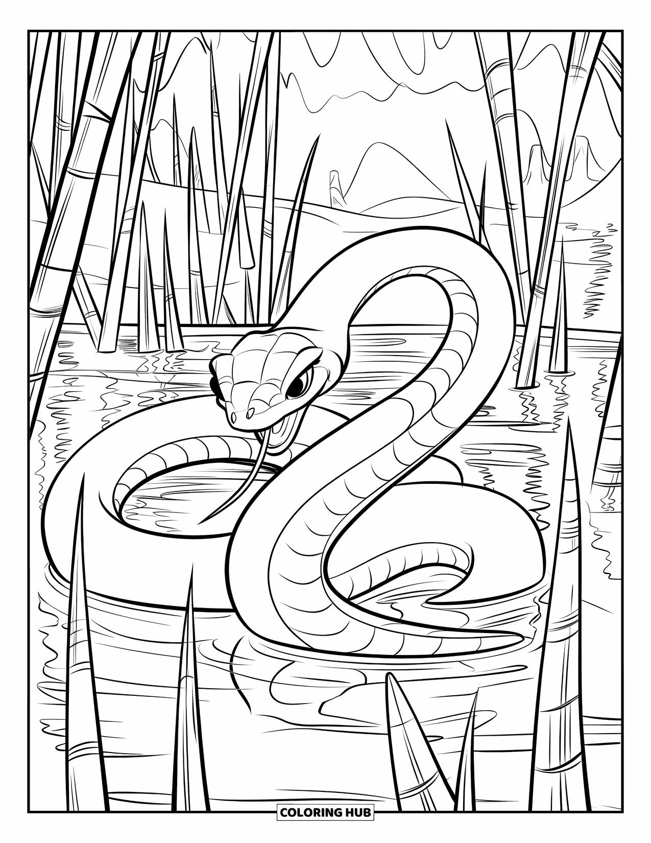 Dibujo de serpiente para colorear para niños: Una serpiente brillante se desliza a través de espesos juncos de pantano cerca de aguas tranquilas y montañas brumosas