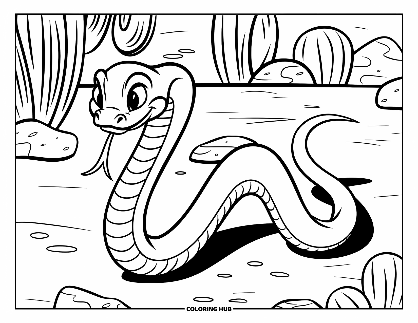 Dibujo de serpiente para colorear para niños: Una serpiente elegante se desliza sobre suelo desértico con cactus y piedras dispersas cerca