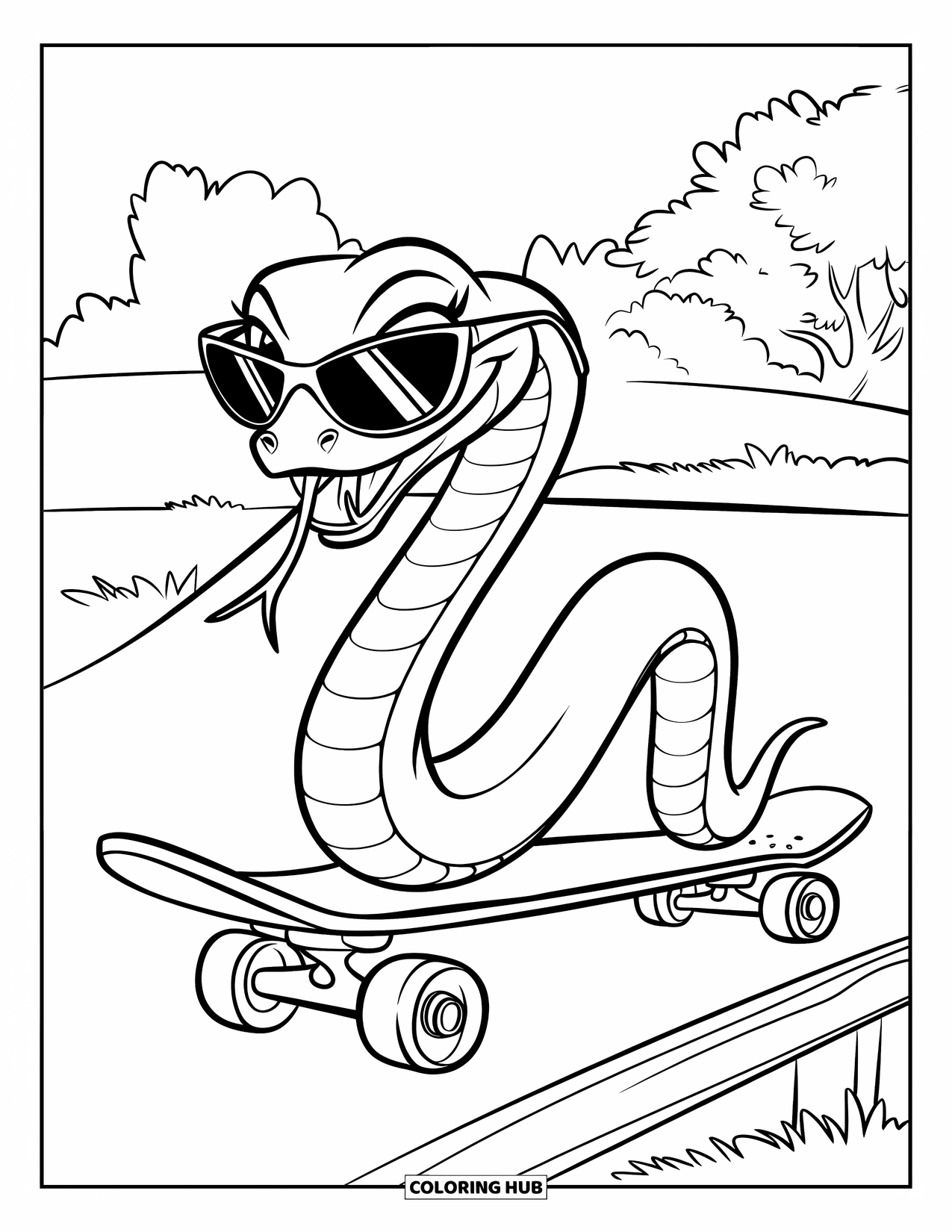 Dibujo de serpiente para colorear para niños: Una serpiente elegante con gafas de sol se desliza por una rampa en un parque cubierto de hierba