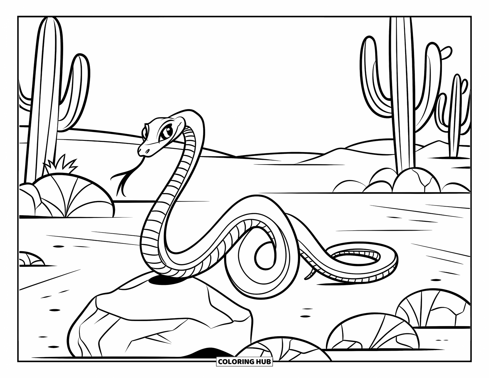 Dibujo de serpiente para colorear para niños: Una serpiente delgada se enrosca alrededor de una piedra entre cactus en un desierto amplio y arenoso