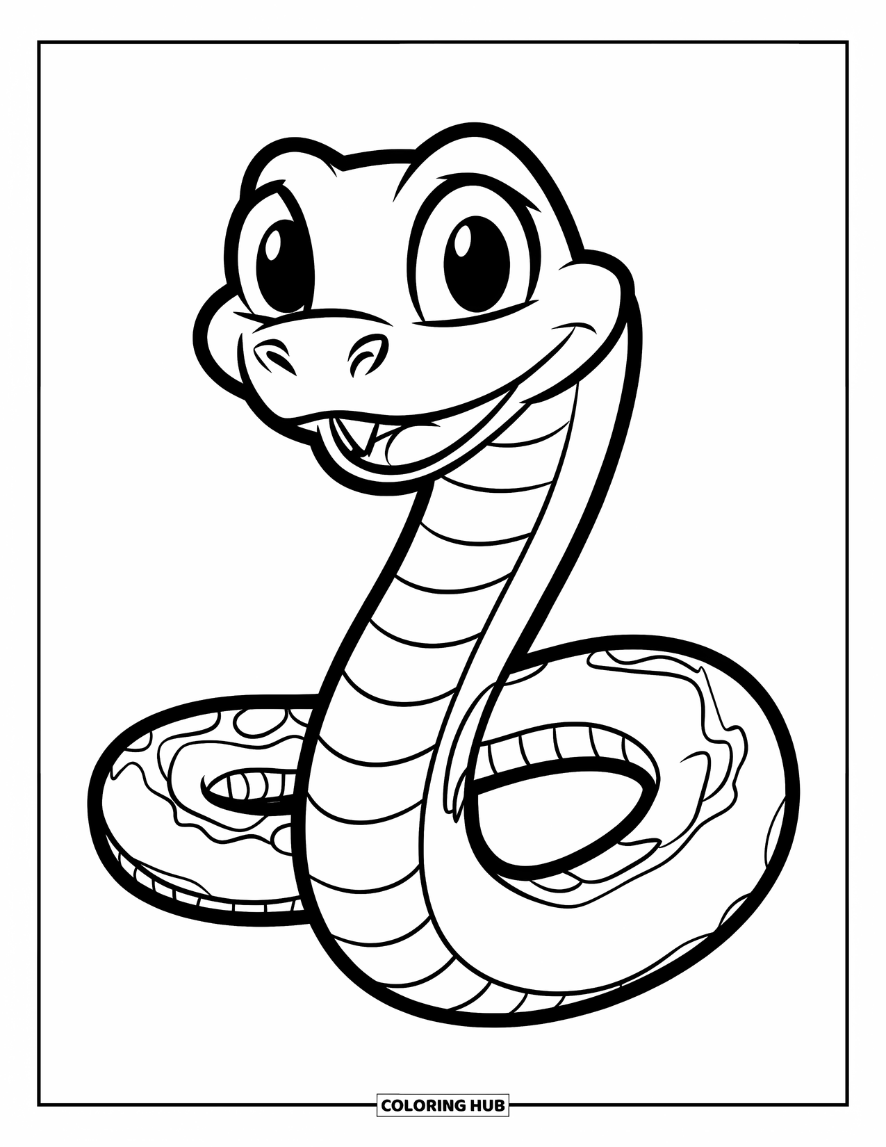 Dibujo de serpiente para colorear para niños: Una serpiente sonriente forma la letra "S" con ojos grandes y una cara alegre