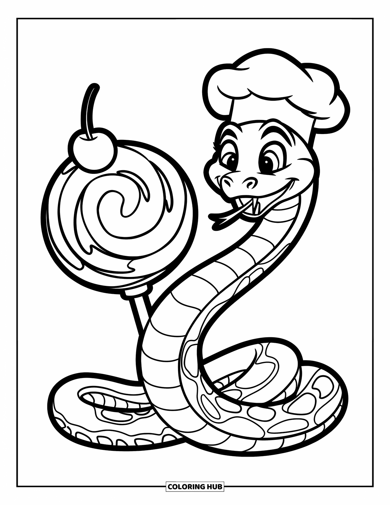 Dibujo de serpiente para colorear para niños: Una serpiente sonriente con un sombrero de chef se envuelve alrededor de una piruleta con una cereza encima