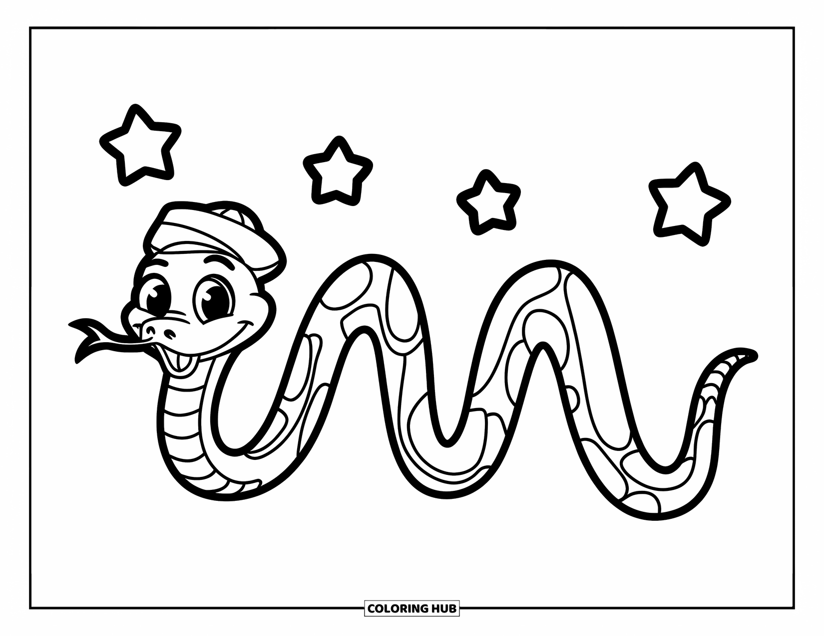 Dibujo de serpiente para colorear para niños: Una serpiente sonriente con un sombrero hace un camino ondulado con estrellas arriba