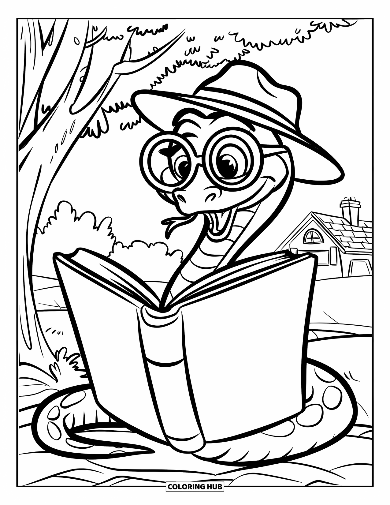 Dibujo de serpiente para colorear para niños: Una serpiente sonriente con un sombrero lee un libro debajo de un árbol cerca de una casa
