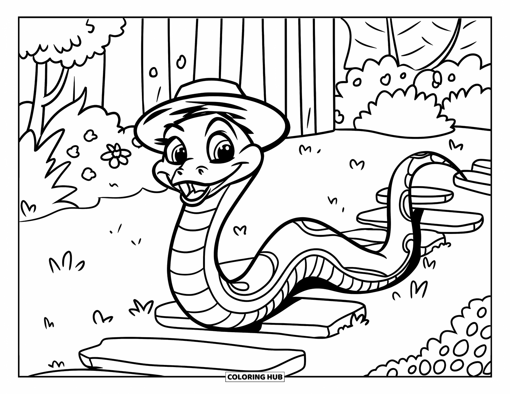 Dibujo de serpiente para colorear para niños: Una serpiente sonriente con un sombrero se desliza por un camino de escalones en un jardín