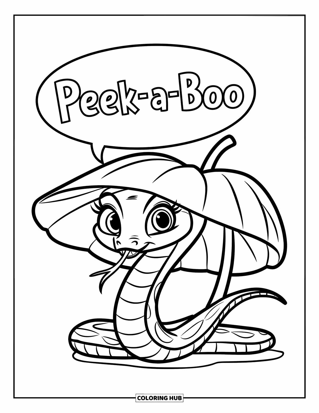 Dibujo de serpiente para colorear para niños: Una serpiente sonriente debajo de una hoja gigante lleva un sombrero de hojas y dice ìpeek-a-boo
