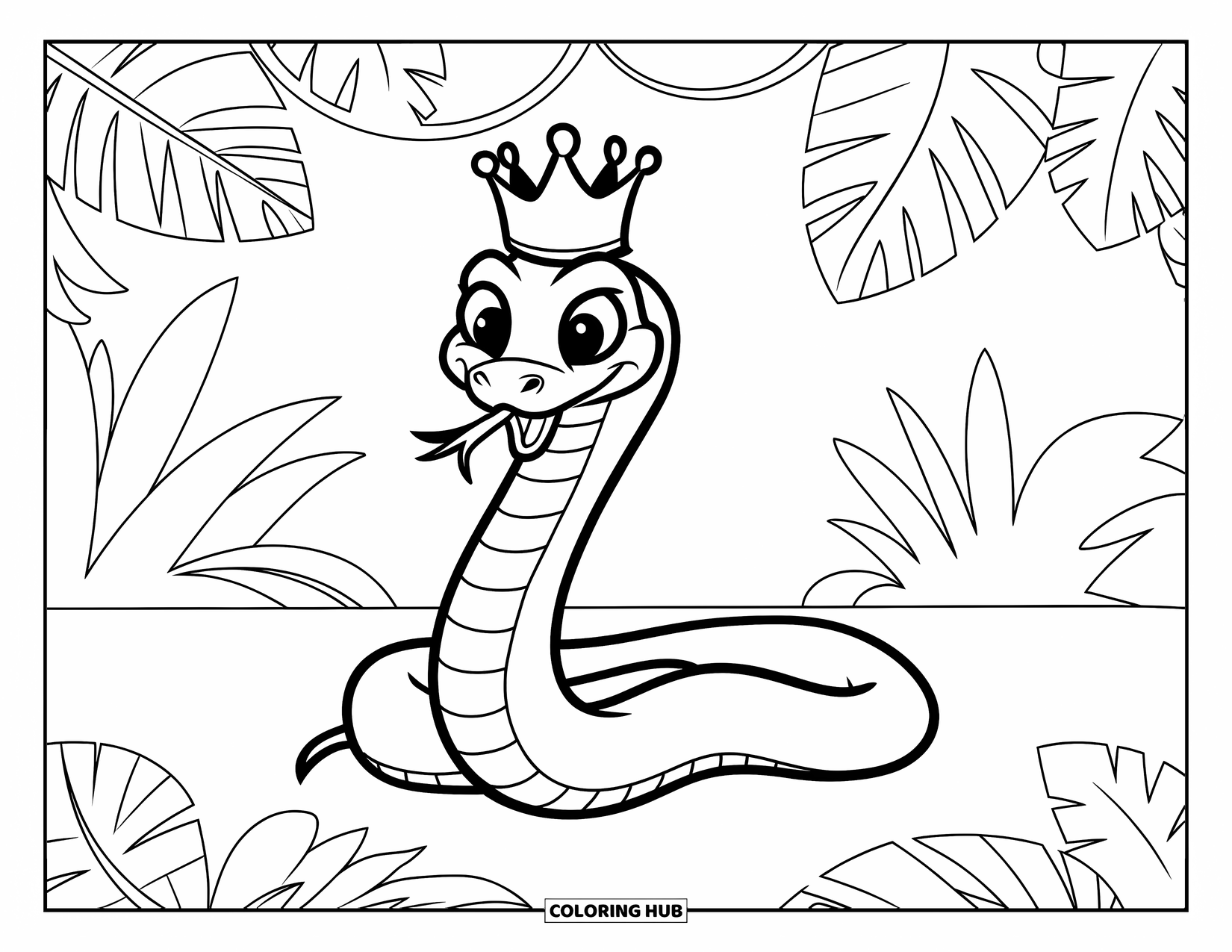 Dibujo de serpiente para colorear para niños: Una serpiente sonriente con una corona se relaja en un trono en una jungla frondosa