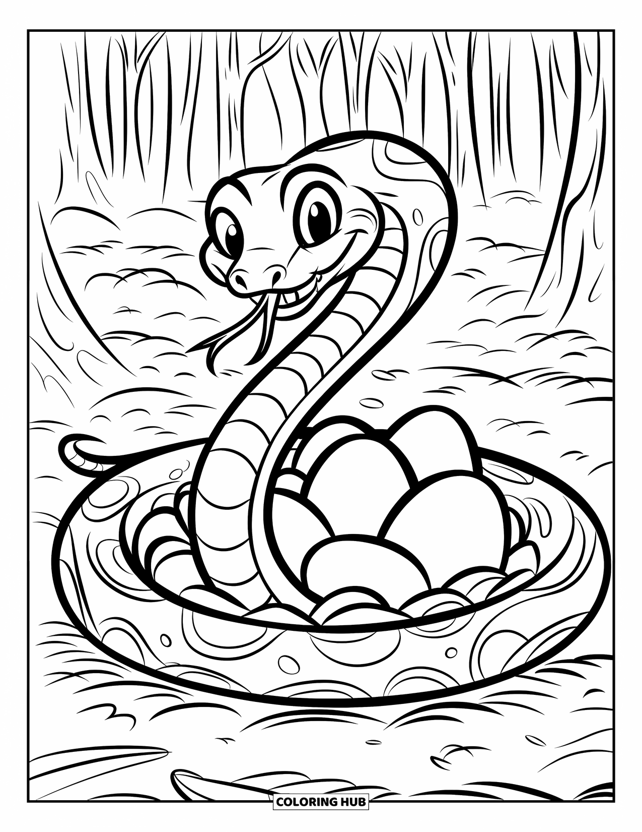 Dibujo de serpiente para colorear para niños: Una serpiente sonriente se envuelve alrededor de un nido de huevos en un tronco en un bosque frondoso