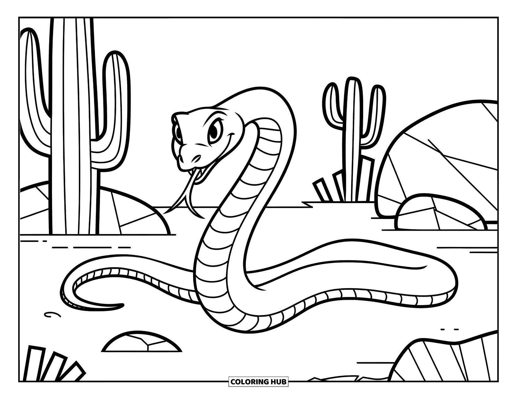 Dibujo de serpiente para colorear para niños: Una serpiente se enrosca alrededor de un cactus en una escena desértica con piedras y plantas espinosas