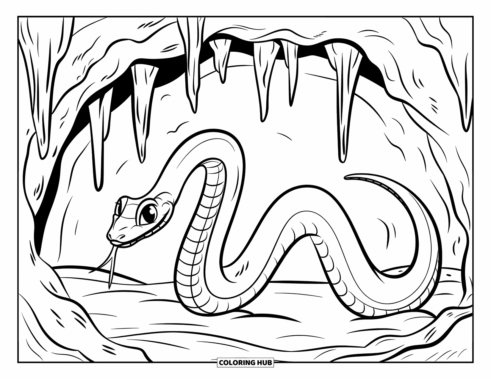 Dibujo de serpiente para colorear para niños: Una serpiente se enrosca alrededor de una roca debajo de estalactitas en la entrada de una cueva oscura