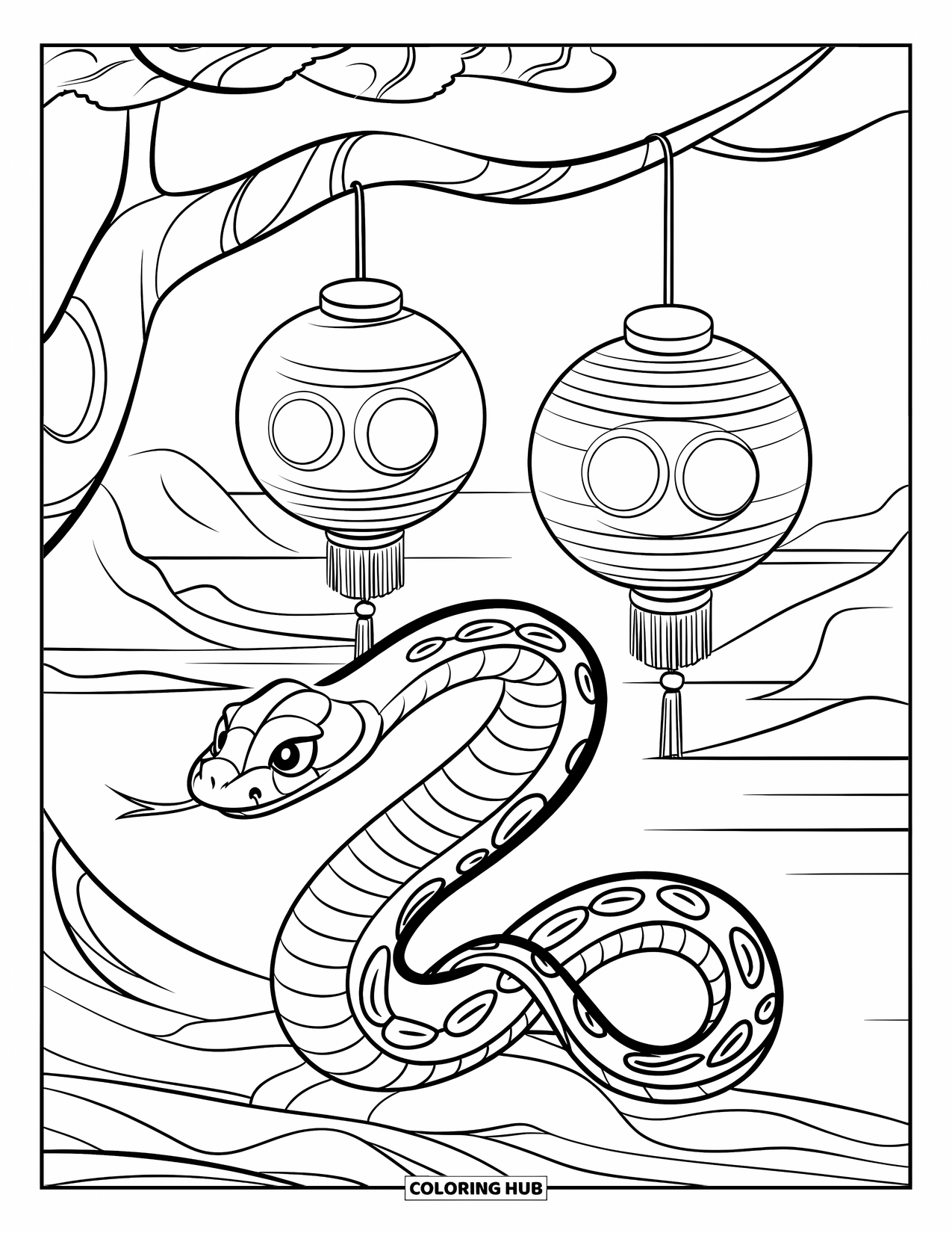 Dibujo de serpiente para colorear para niños: Una serpiente se enrosca en la rama de un árbol cerca de linternas con montañas y agua al fondo