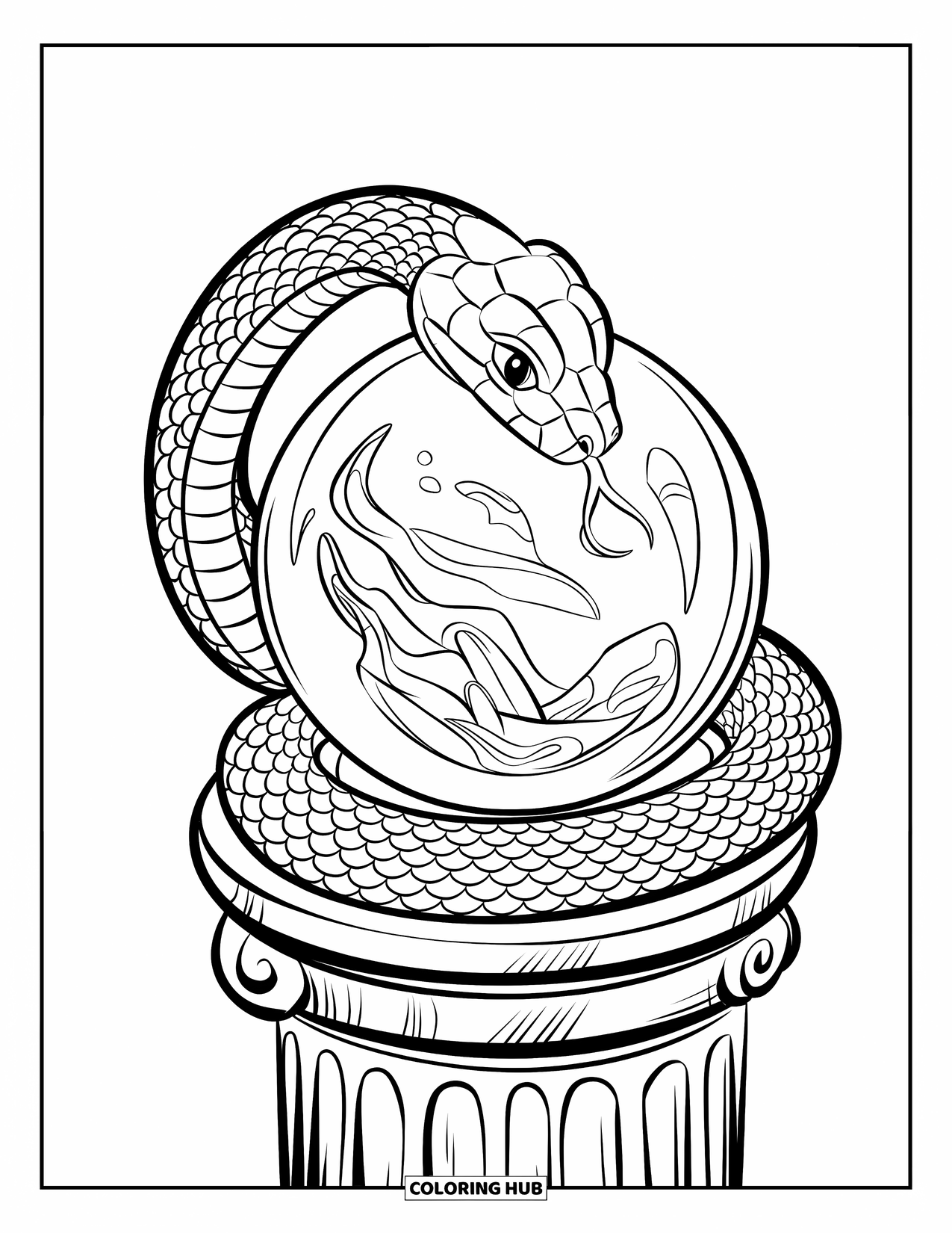 Dibujo de serpiente para colorear para niños: Una serpiente se enrosca alrededor de un orbe de cristal que descansa sobre un pedestal de piedra