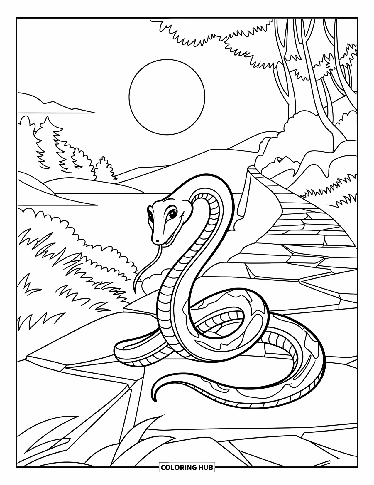 Dibujo de serpiente para colorear para niños: Una serpiente se desliza por un sendero de piedra agrietada bajo la luz de la luna cerca de montañas y un lago