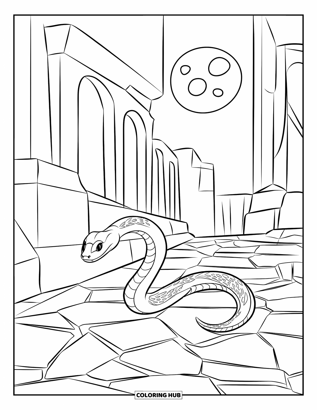 Dibujo de serpiente para colorear para niños: Una serpiente se desliza por un sendero iluminado por la luna rodeada de arcos antiguos y estructuras altas