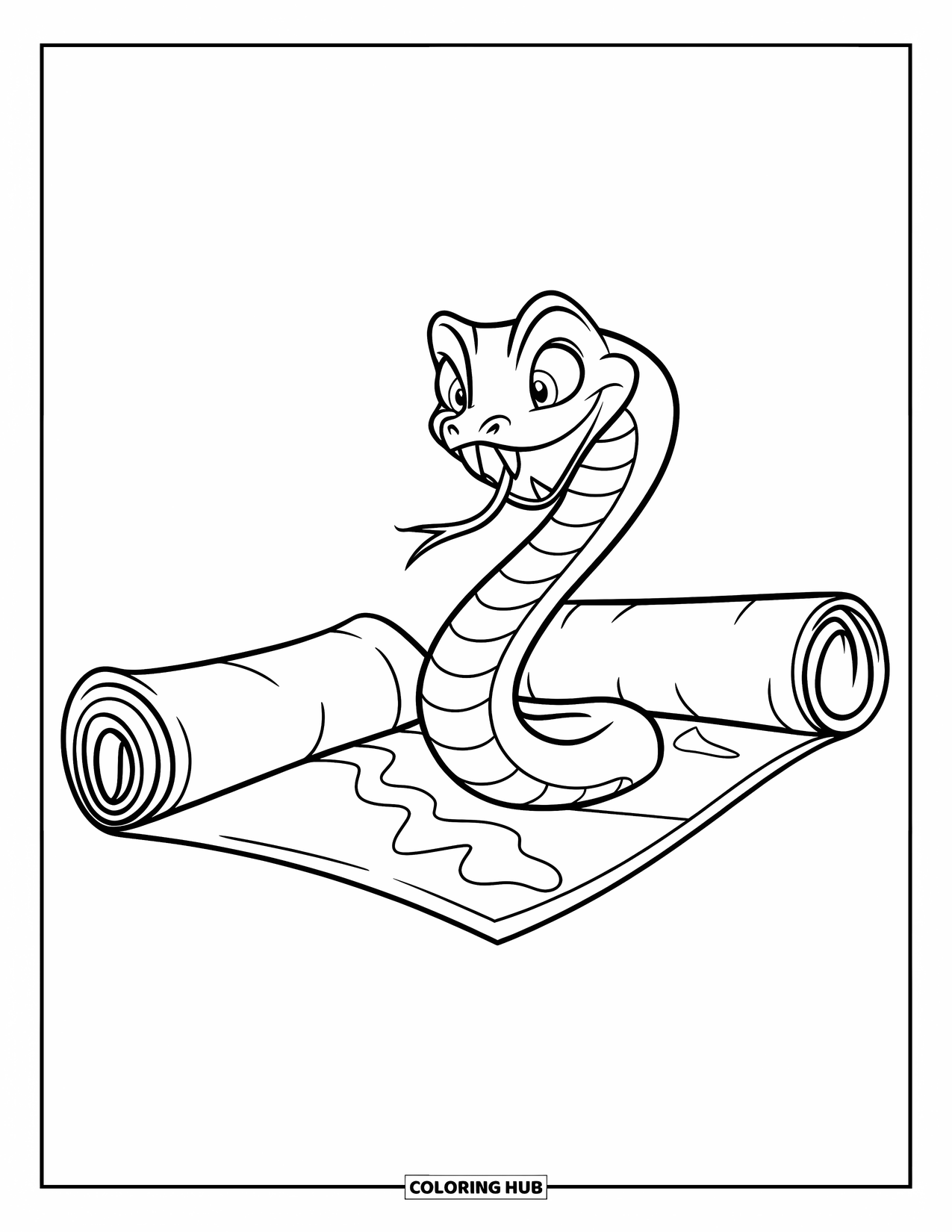 Dibujo de serpiente para colorear para niños: Una serpiente asoma desde un rollo de mapa del tesoro con una expresión curiosa