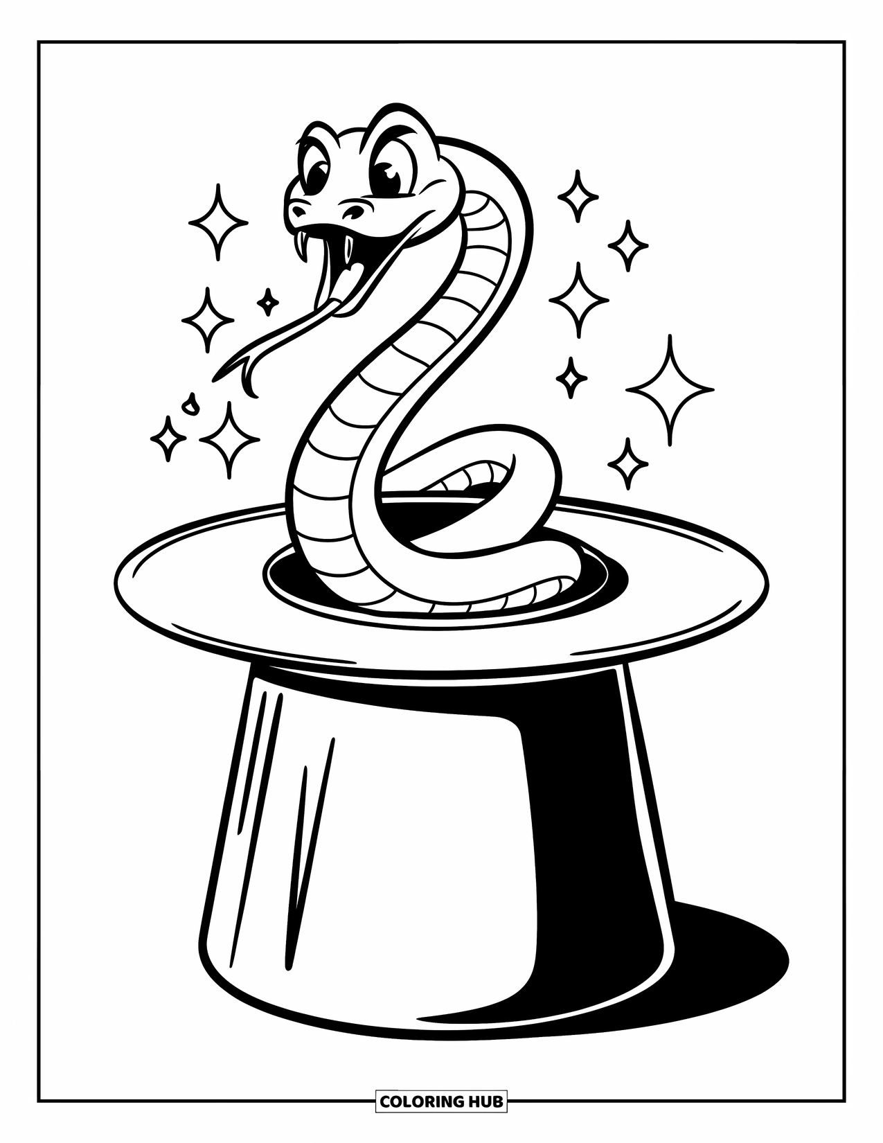 Dibujo de serpiente para colorear para niños: Una serpiente sale de un sombrero de mago con destellos flotando alrededor